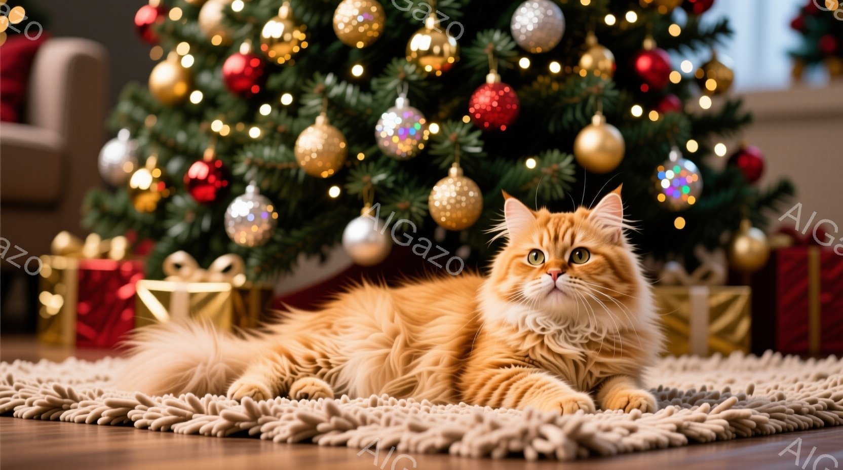 明るい茶色の長毛猫が、ふわふわとしたベージュ色のラグの上に横たわっています。猫はリラックスした様子で、カメラの方を見て穏やかな表情を浮かべています。背景には、キラキラと輝くオーナメントで飾られたクリス - AI生成フリー素材