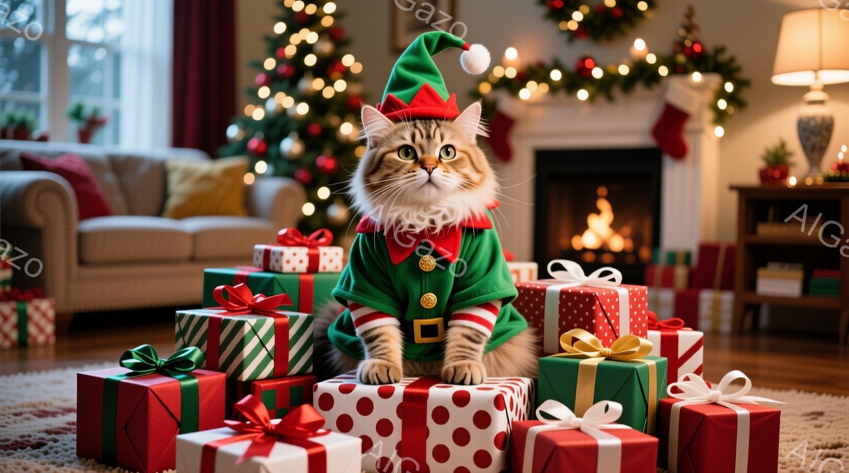 猫がクリスマスのプレゼントの山の上に座っており、緑色のエルフの衣装を着ています。その猫は赤い帽子と金のバックルが付いた衣装を着ており、カメラに向かって正面を見つめて、穏やかで可愛らしい表情をしています - AI生成フリー素材