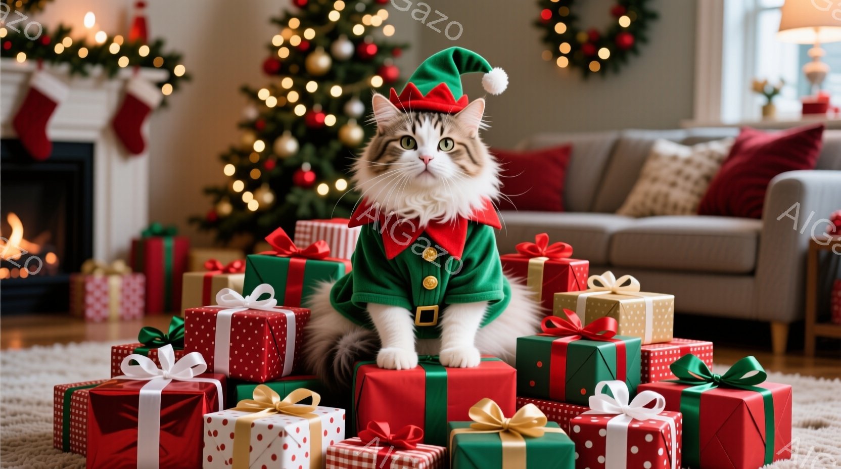 白と茶色の毛並みの猫が、クリスマスプレゼントの山の上に座っています。猫は緑色のエルフの衣装を着ており、赤い帽子には小さなポンポンが付いています。背景には、装飾されたクリスマスツリー、暖炉、そしてお祝い - AI生成フリー素材