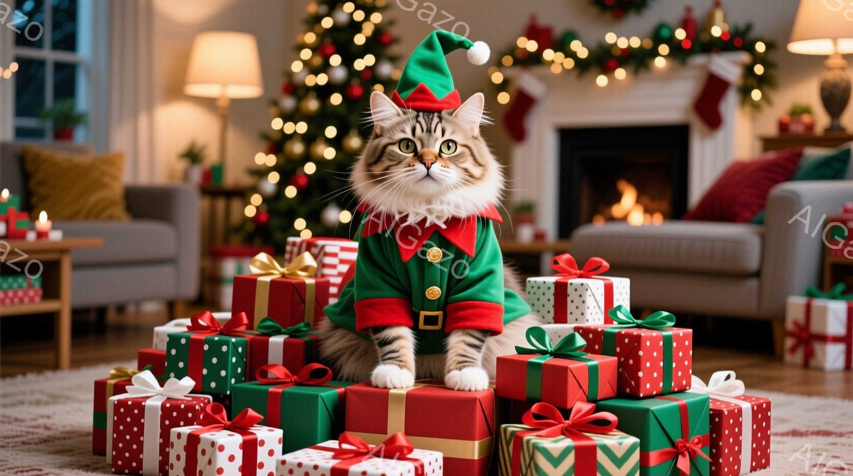白と茶色の猫が、クリスマスプレゼントの山の上に座っています。緑色のエルフの衣装を着て、少し驚いたような表情で正面を見ています。背景にはクリスマスツリーが飾られ、暖炉の火が暖かく光り、祝祭の雰囲気が漂っ - AI生成フリー素材