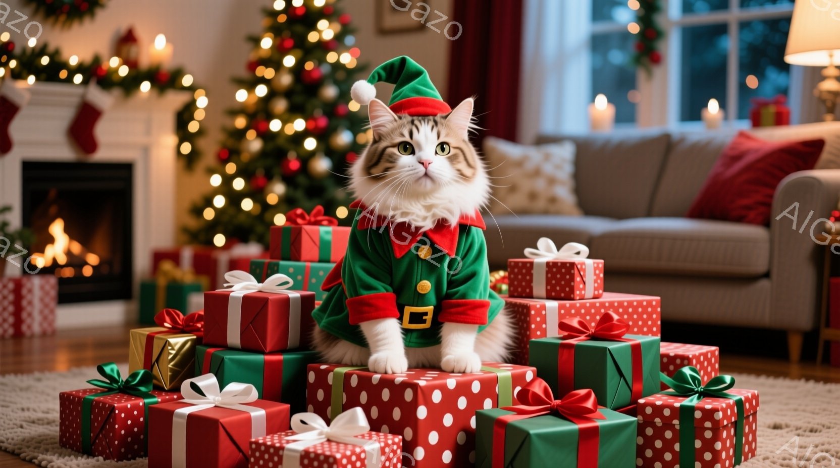 白い毛並みを持つ猫が、緑色のクリスマスのエルフの衣装を着て、プレゼントの山の上に座っています。猫は正面を見ており、少し驚いたような、あるいは興味津々な表情をしています。背景には、クリスマスツリー、暖炉、そして居心地の良いリビングルームが見え、全体的に温かく、お祝いムードに満ちた雰囲気です。