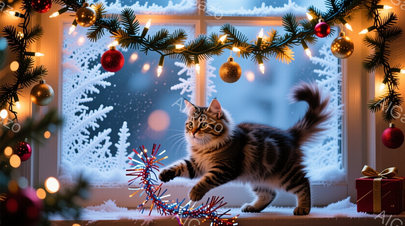 縞模様の小さな子猫が、クリスマスツリーの足元にあるキラキラした飾りと遊んでいます。背景には雪の降る窓辺が見え、室内はクリスマスツリーの温かい光で照らされています。この様子は、クリスマスの温かく遊び心の - AI生成フリー素材