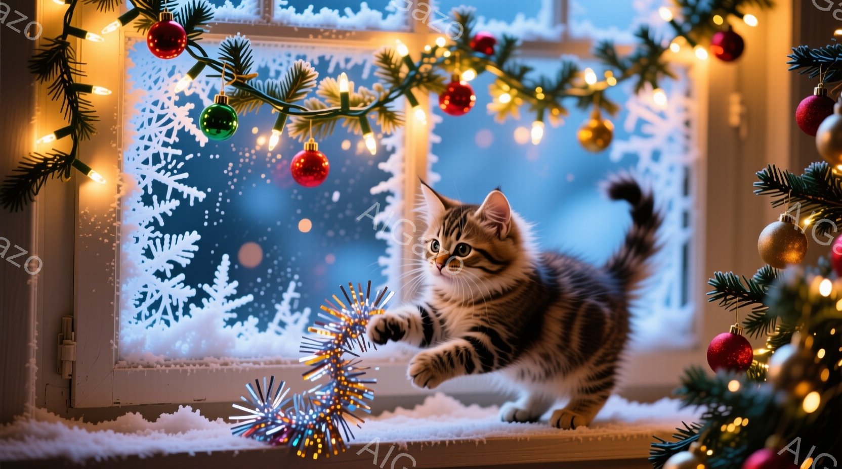 窓辺にいる縞模様の子猫が、クリスマスツリーの飾りを引っ張って遊んでいます。背景には雪が降る冬の風景が広がり、白い雪の結晶が窓ガラスに描かれています。暖かい光と可愛らしい猫の姿から、クリスマスの穏やかで - AI生成フリー素材