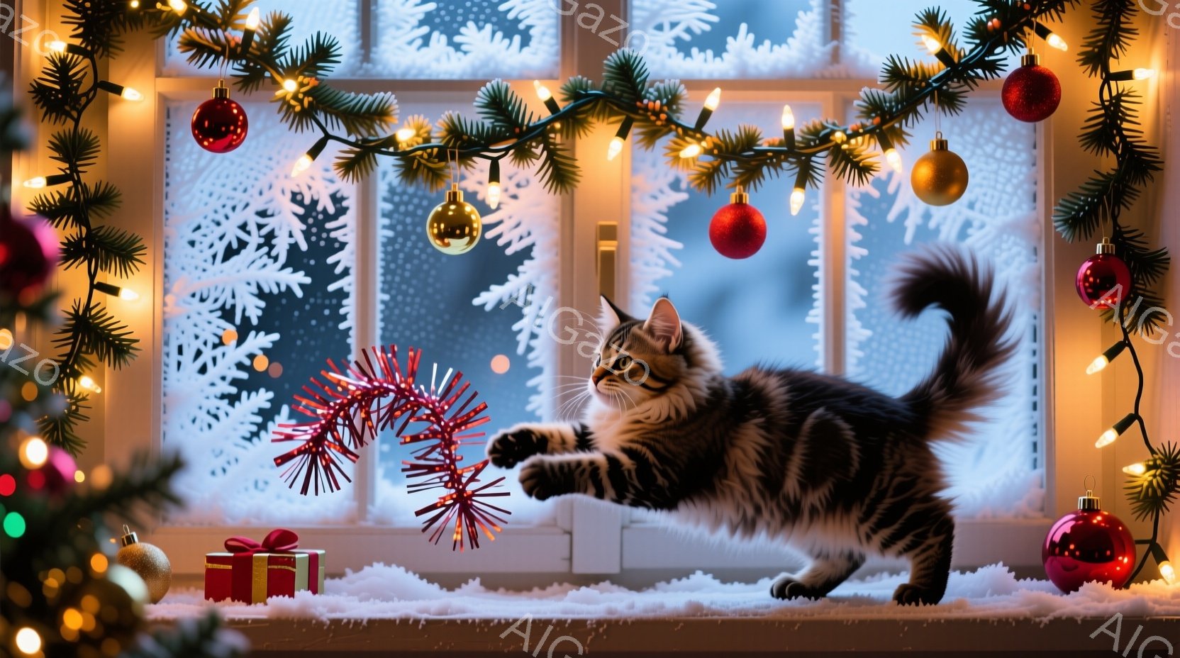 窓辺には、クリスマスツリーの飾り付けが施され、赤いオーナメントや電飾が輝いています。暗い毛並みの猫が、白い人工雪の上で遊び心たっぷりに前足を伸ばし、赤い飾りを叩こうとしています。背景には雪が舞う冬景色が広がり、暖かく穏やかなクリスマスの雰囲気が漂っています。