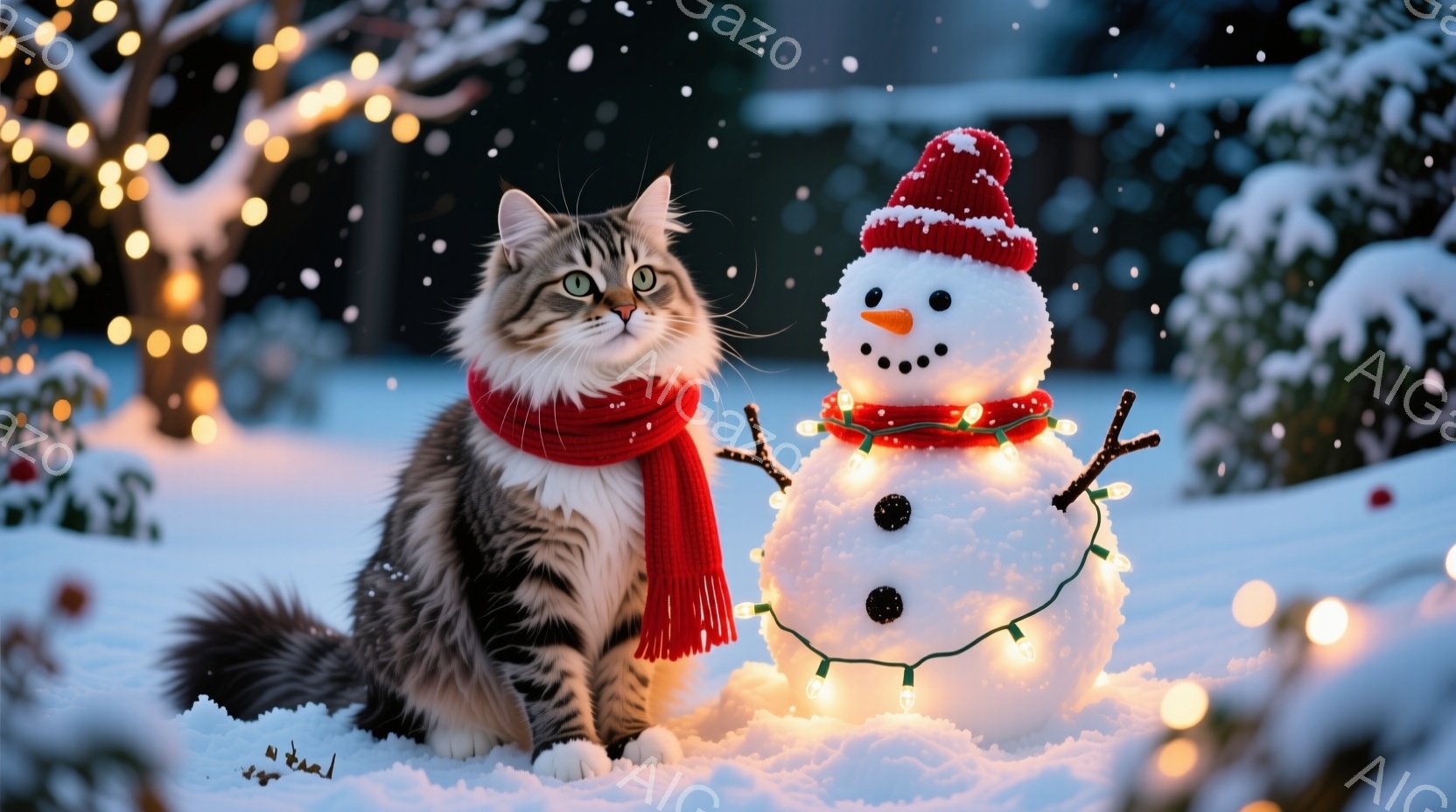 縞模様の猫が赤いマフラーを巻き、雪の上に座っています。猫は少し自信ありげな表情で、正面を見ています。背景には雪が積もった庭と、ぼんやりとした木々と、小さな電飾の光が散りばめられており、温かく穏やかな冬 - AI生成フリー素材