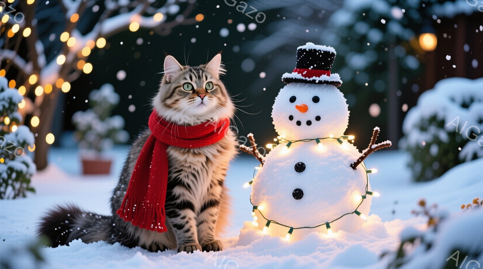 雪景色の中で、縞模様の猫が赤いスカーフを巻いて座っています。正面には雪だるまが飾られ、カラフルなイルミネーションでライトアップされています。背景には雪に覆われた木々や建物が見え、暖かく幻想的な冬の雰囲 - AI生成フリー素材