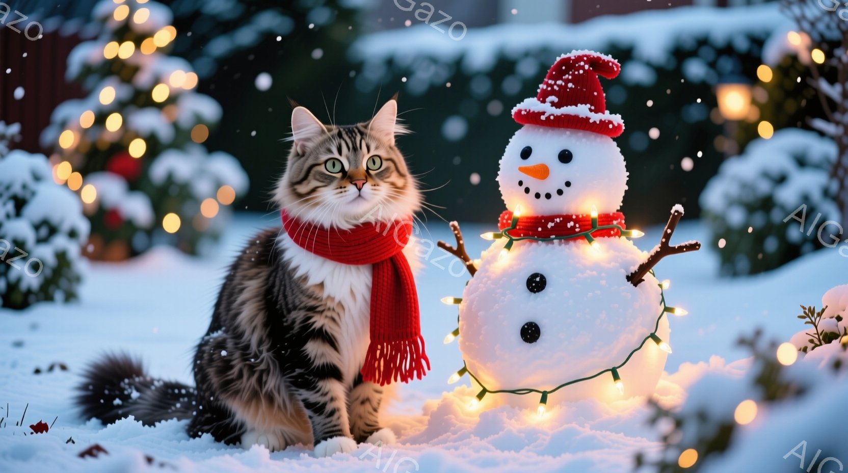 白い雪の上に、赤いマフラーを巻いた縞模様の猫が座っています。その隣には、にんじんの鼻と石ころのような目と口を持つ雪だるまがあり、カラフルな電飾で飾られています。背景には緑の茂みとクリスマスの飾り付けが - AI生成フリー素材