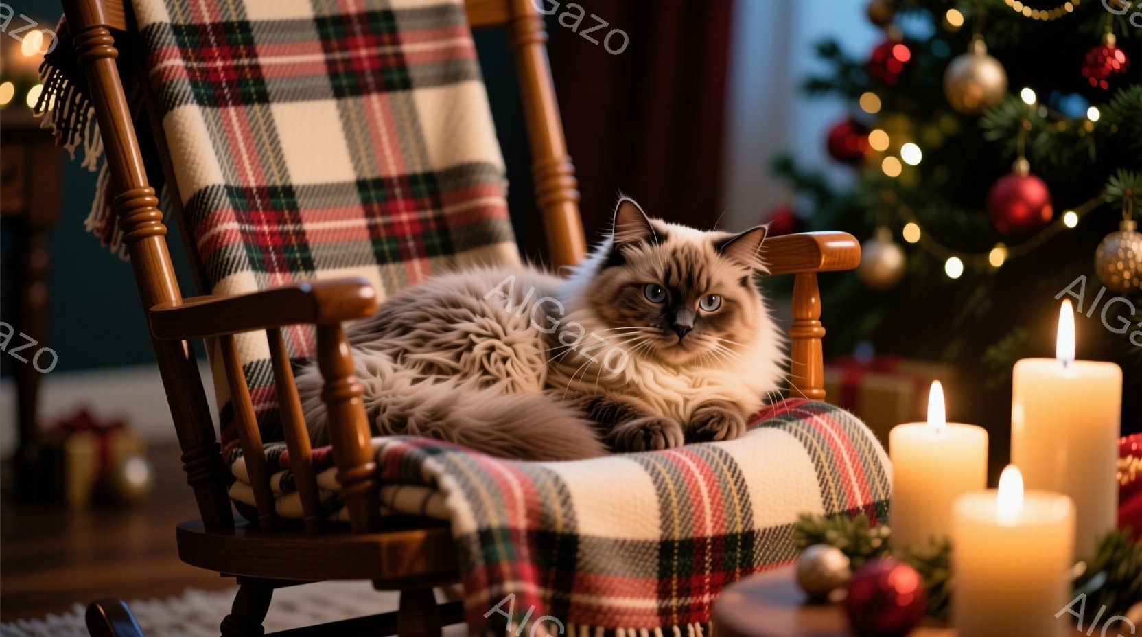 灰色の長毛の猫が、赤いチェック柄のブランケットが掛けられたロッキングチェアにゆったりと横たわっています。背景には、オーナメントで飾られたクリスマスツリーと、温かい光を放つキャンドルが置かれ、冬の穏やかな雰囲気を醸し出しています。全体的に暖かく、落ち着いた、クリスマスの優しい光に包まれた様子が表現されています。