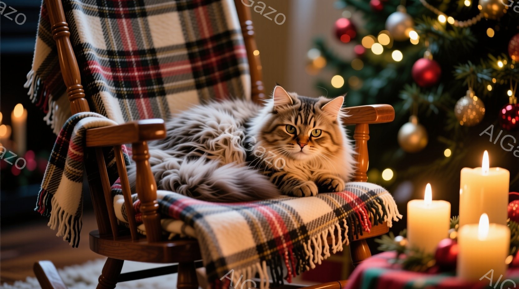 長い毛並みの灰色の猫がロッキングチェアにゆったりと座っています。背景にはクリスマスツリーがぼんやりと見え、いくつかのキャンドルが暖かく光っています。全体的に、穏やかでリラックスした冬の雰囲気が漂ってい - AI生成フリー素材