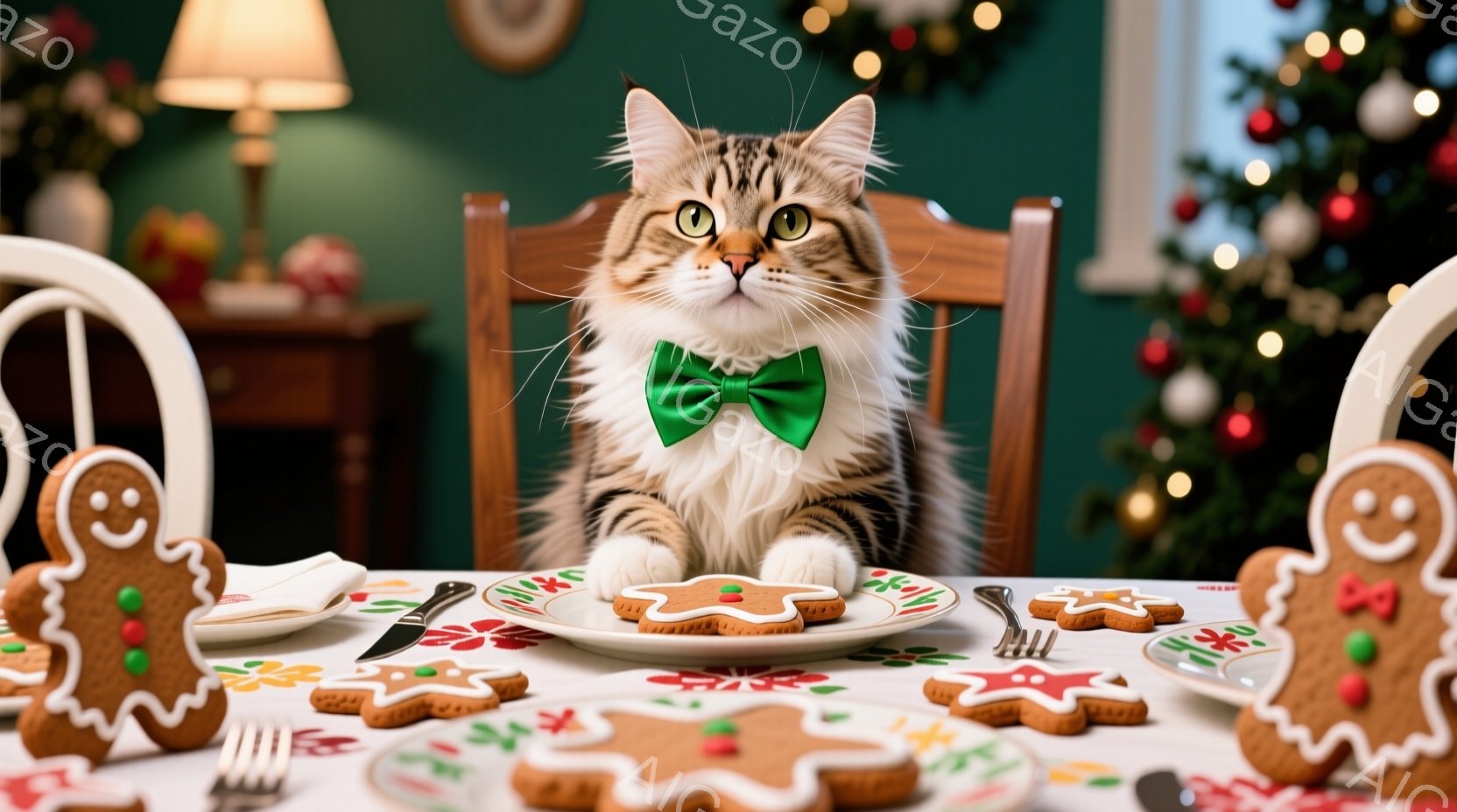 縞模様の猫が、緑のリボンをつけて椅子に座り、ジンジャーブレッドが並んだテーブルを見つめています。背景にはクリスマスツリーが飾られ、暖かくお祝いムードが漂っています。ジンジャーブレッドマンのクッキーが猫 - AI生成フリー素材