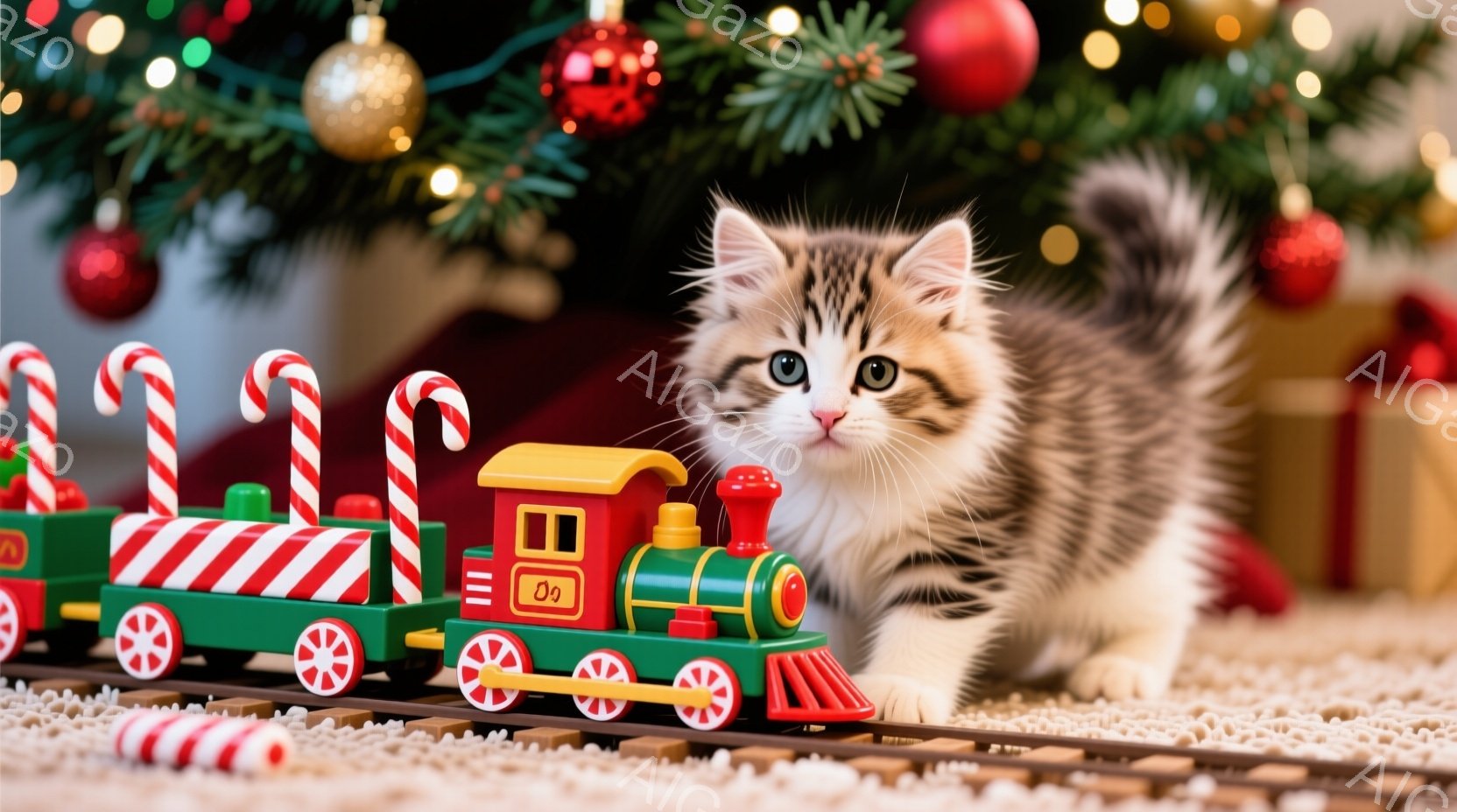 縞模様の小さな子猫が、クリスマスツリーの足元にある緑と赤の玩具の列車を見つめています。列車の車体にはキャンディケーンが取り付けられており、背景にはキラキラと輝くクリスマスツリーの飾りが見えます。全体的 - AI生成フリー素材