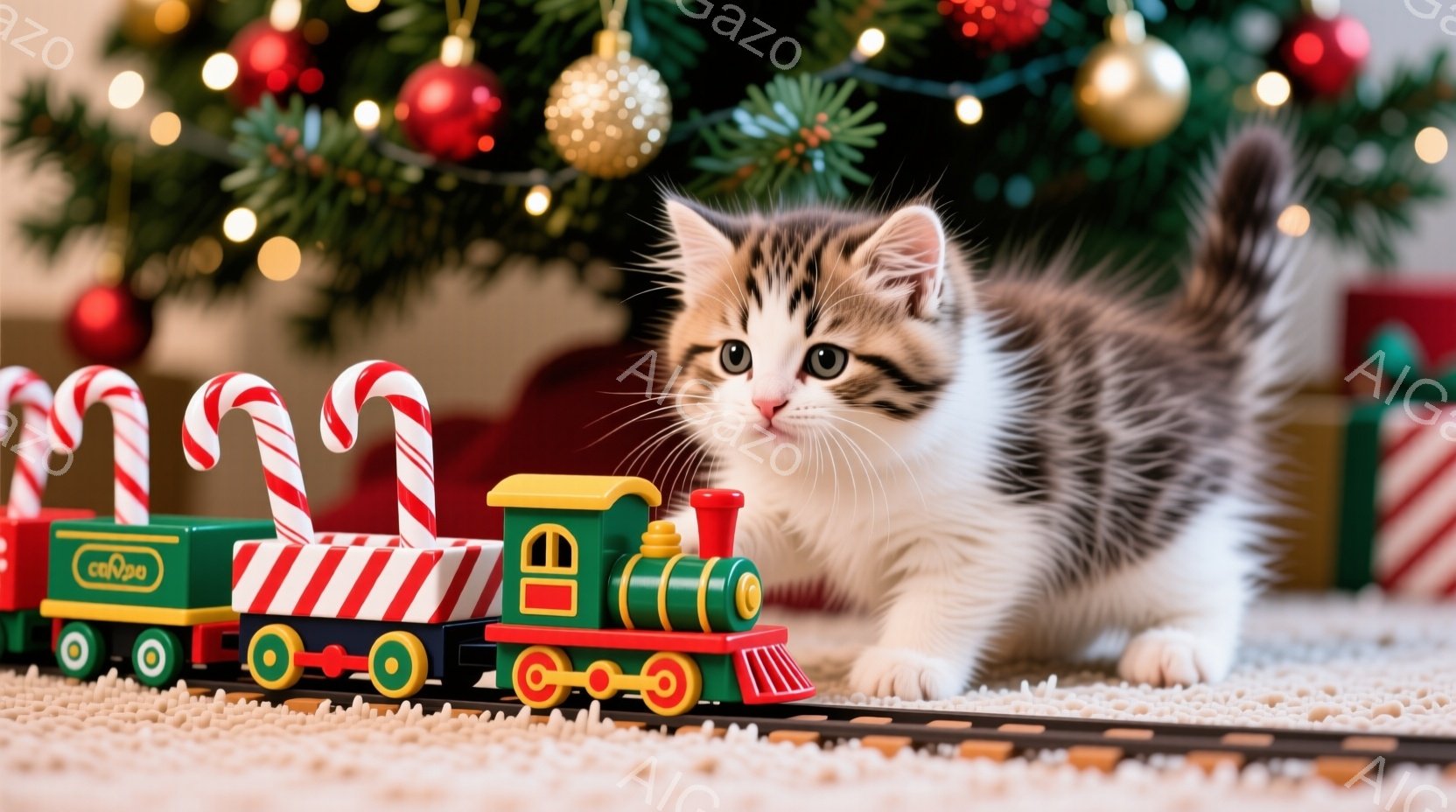 白と茶色のキティが、クリスマスツリーの近くのカーペットの上に座り、緑と赤のミニチュア列車を見つめています。列車はキャンディケーンの列に囲まれており、背景にはぼやけたクリスマスツリーの装飾がみえます。全 - AI生成フリー素材