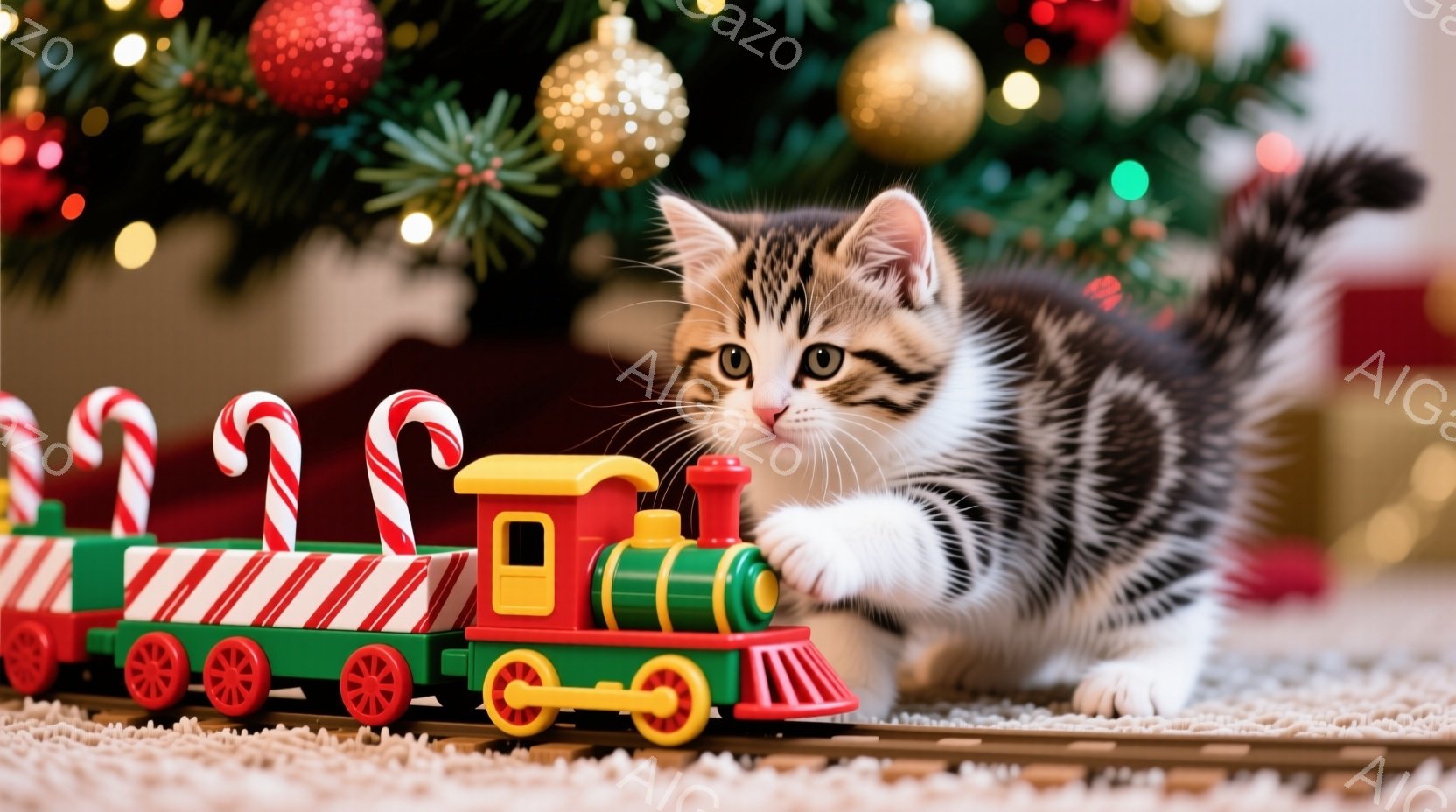 白と茶色の縞模様の小さな子猫が、クリスマスの装飾が施された赤い列車のおもちゃに興味津々で前足を伸ばしています。背景には、様々な色のクリスマスオーナメントが飾られたクリスマスツリーがあり、暖かくお祝いの - AI生成フリー素材