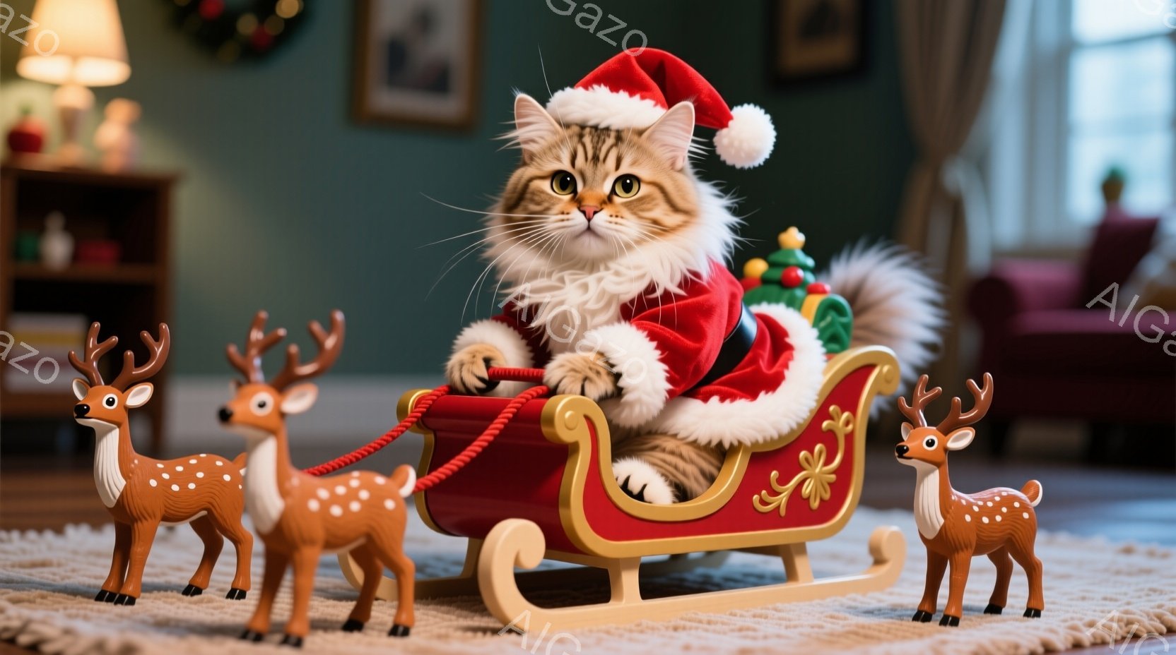 白と茶色の毛並みを持つ猫が、赤いサンタの衣装と帽子を身に着けて、金色のそりに座っています。猫は少し微笑んでおり、リラックスした様子でそりの手すりに手を置いているようです。背景にはクリスマスツリーや装飾 - AI生成フリー素材