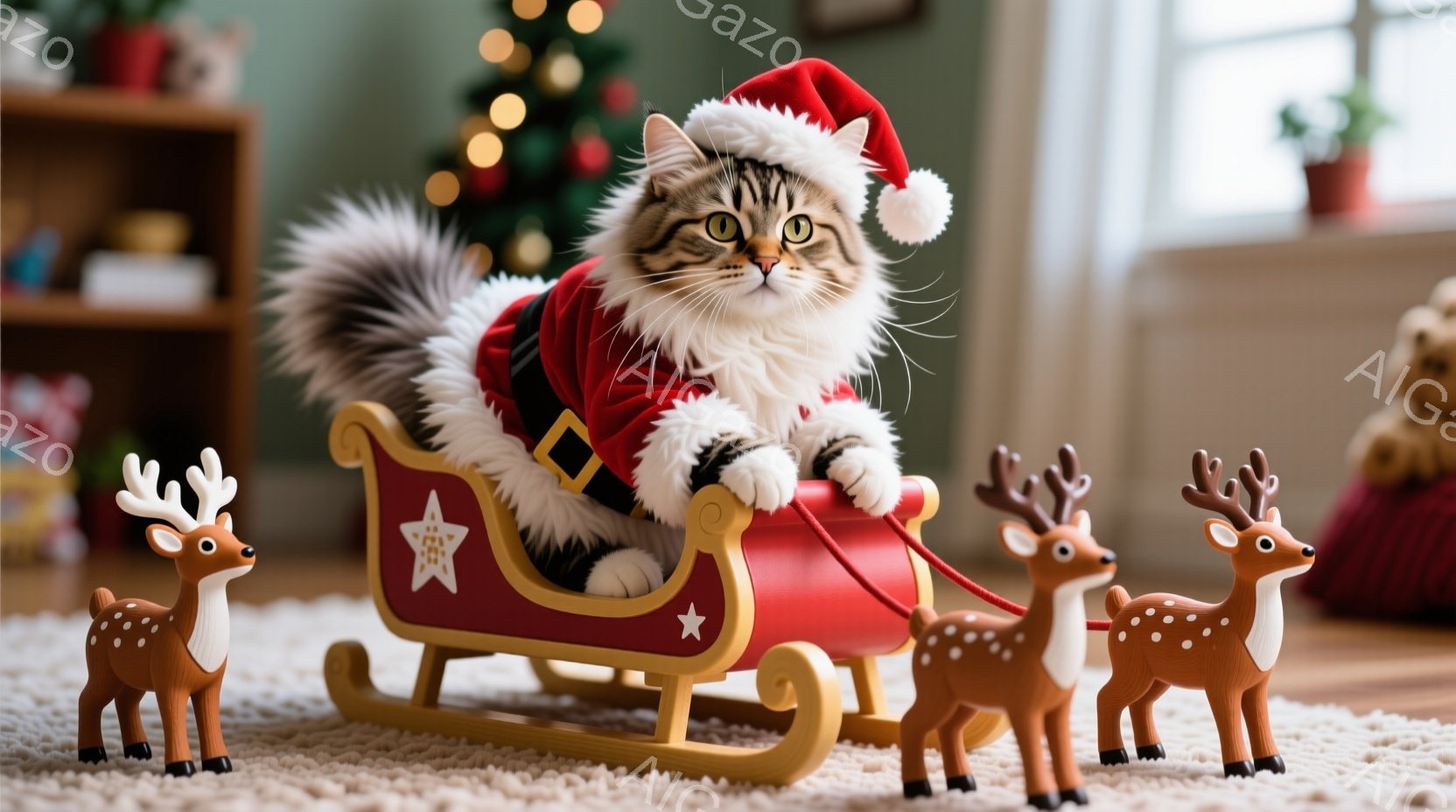 白い毛並みで、サンタ帽と赤い衣装を着た猫が、木製のそりに座っています。猫は少し驚いたような表情で、丸い目でこちらを見ています。背景にはクリスマスツリーや装飾があり、暖かいお祝いの雰囲気が漂っています。 - AI生成フリー素材