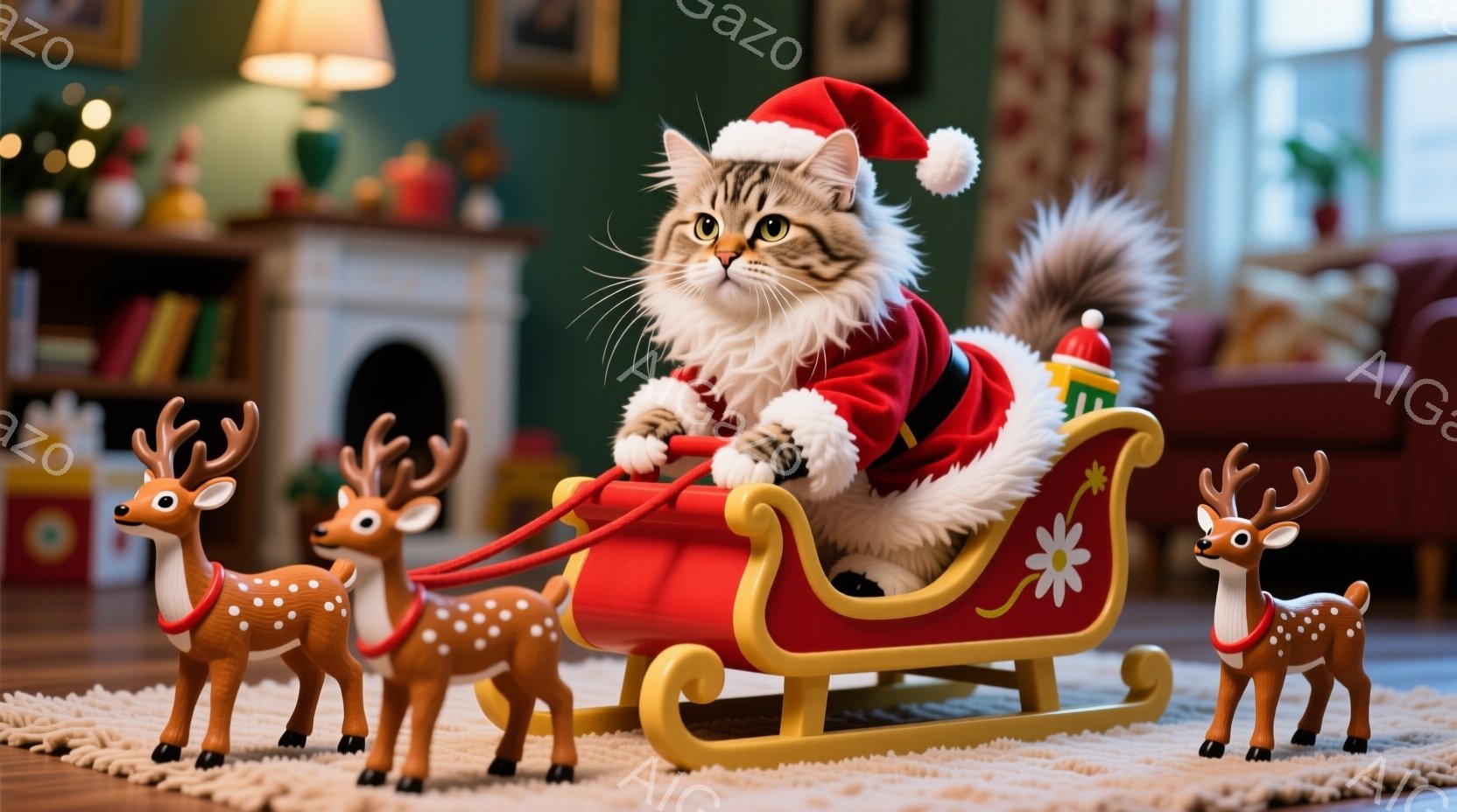 白い長毛の猫がサンタクロースの衣装を着て、小さなそりに乗っています。猫は赤い帽子と緑色の服を着ており、自信に満ちた表情でそりのハンドルを握っています。背景には暖炉や木製の家具が見え、クリスマスの飾り付 - AI生成フリー素材