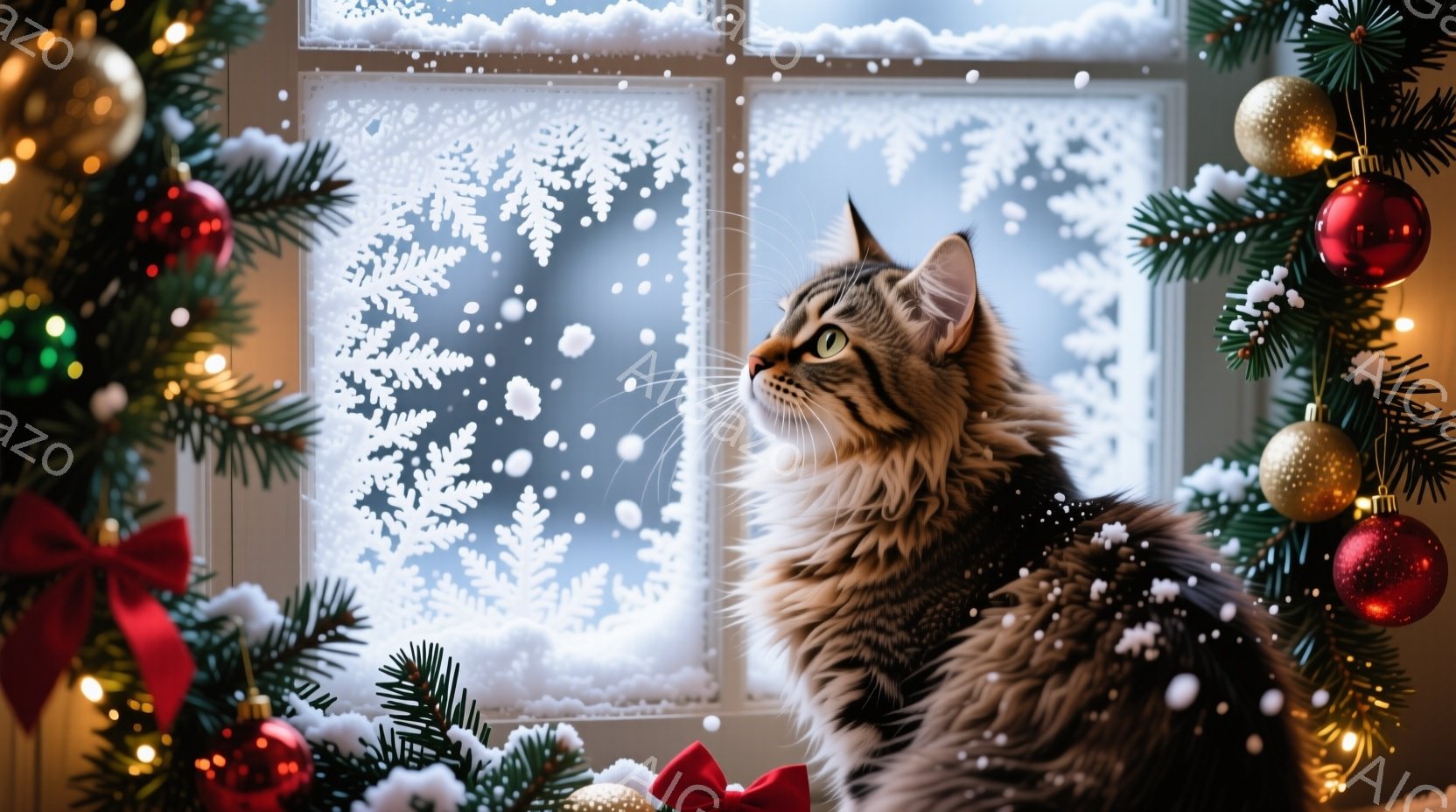 長毛の猫が窓の外を見上げています。背景には白い雪の模様が描かれた窓、そしてクリスマスツリーの枝と赤いオーナメントが散りばめられており、雪が舞っている様子が伺えます。全体的に暖かく、穏やかで、クリスマス - AI生成フリー素材