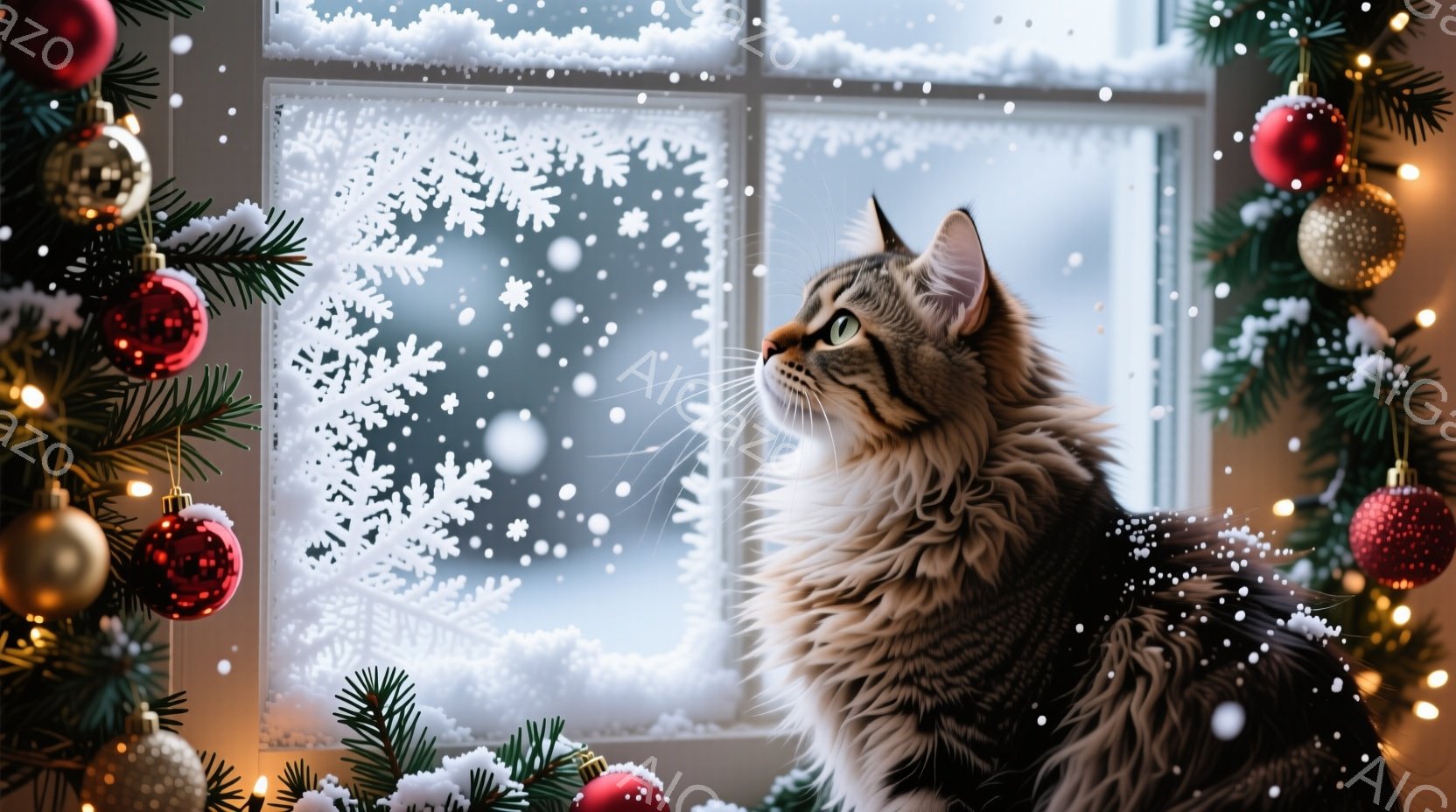 長毛の猫が窓の外を眺めています。窓には雪の結晶の模様が描かれており、背景は雪景色です。猫の周りにはクリスマスツリーの飾りと緑の葉が配置され、温かく穏やかな冬の雰囲気を醸し出しています。 - AI生成フリー素材