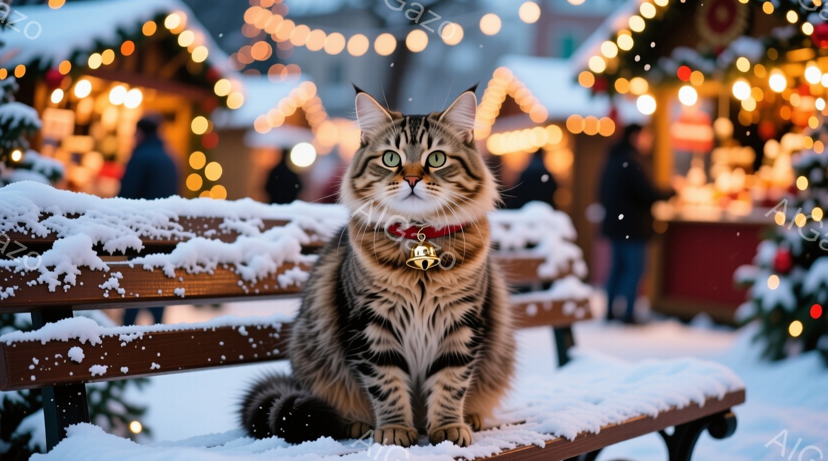 茶色い木製のベンチに、美しい縞模様の猫が座っています。首には小さな金のベルが付いた赤い首輪が巻かれ、緑色の瞳がカメラを見つめています。背景には、ぼやけた光が点在する建物の輪郭と、雪が降り積もる冬の風景が広がっており、温かく幻想的な雰囲気を醸し出しています。