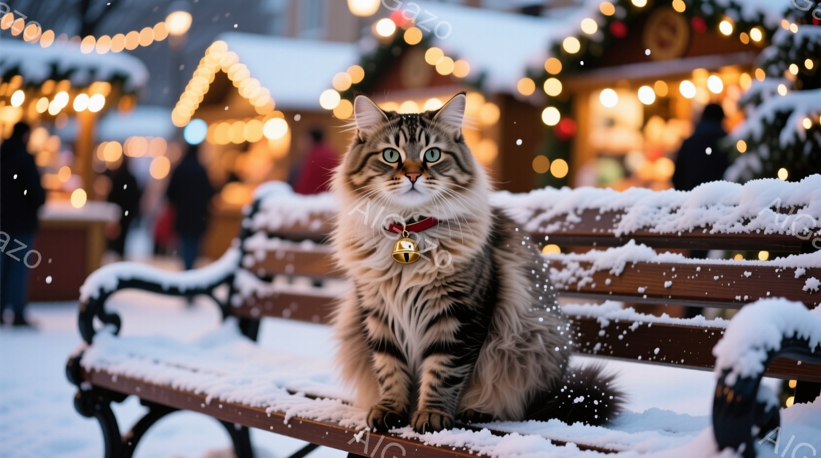 ハロウィーンの装飾がされた石畳の通りに立つ少年と幽霊が描かれています。少年は黒いスーツに赤いマフラー、黒い髪型で、キャンディを幽霊に差し出しています。背景には、ゴシック様式の建物、街灯、そして空を舞う - AI生成フリー素材