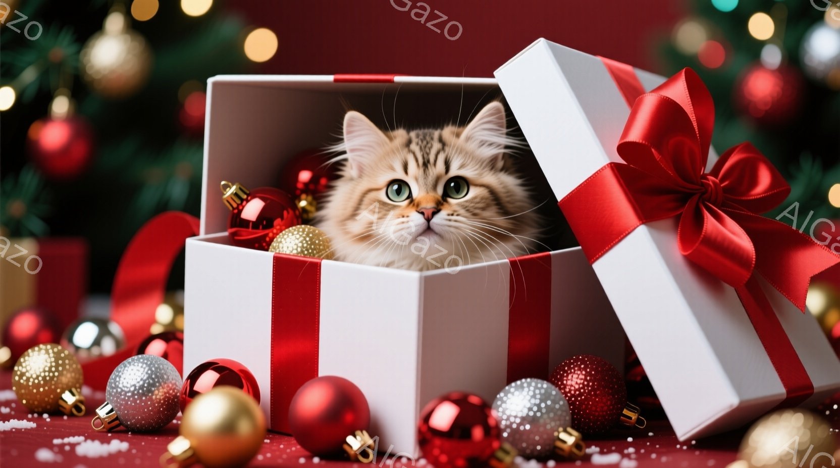 白いギフトボックスの中に、縞模様の小さな子猫が可愛らしく顔を出しています。背景には赤や金色のクリスマスオーナメントが散りばめられ、雪のような輝きが添えられています。全体的に暖かく、お祝いムード満載で、 - AI生成フリー素材