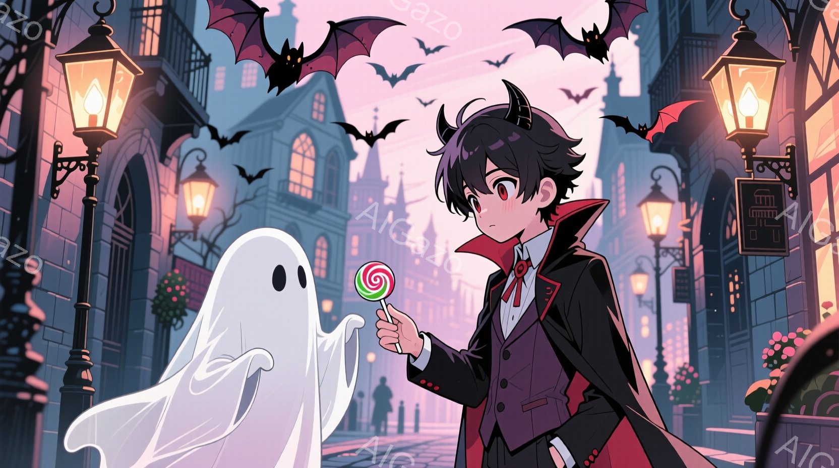 黒髪で、少し角のある髪型をした少年が、赤いアクセントのある黒いスーツとマントを着ています。彼はキャンディを手に持ち、少し照れたような表情で、透明な幽霊にそれを提供しようとしています。背景には、ゴシック - AI生成フリー素材