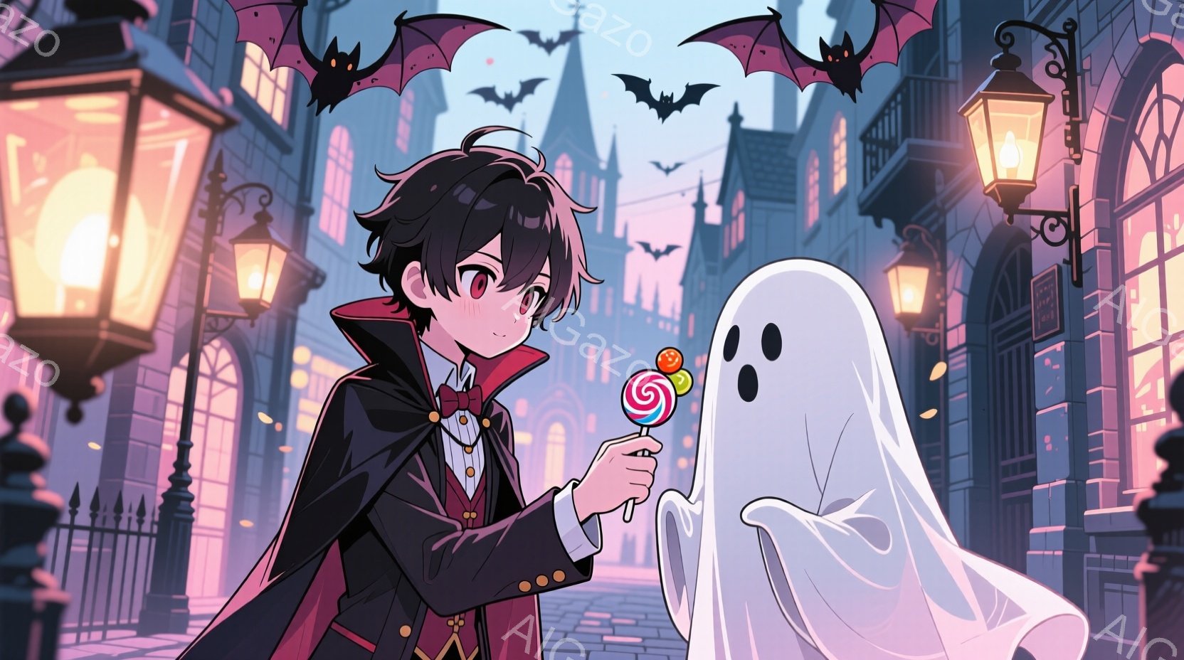 黒髪で、少しカールした髪型の少年が、赤いマントと燕尾服を着て立っている。彼は手にロリポップを持って微笑んでおり、その前には、丸い目をした白い幽霊が浮かんでいて、彼を見つめている。背景は、ゴシック様式の建物が立ち並び、夜空にはコウモリが飛び交い、ハロウィーンの夜の幻想的な雰囲気を醸し出している。