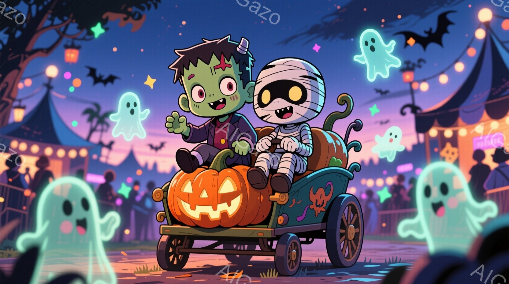 大きなカボチャで作られたカートに乗ったフランケンシュタインのモンスターとミイラのキャラクターが描かれています。フランケンシュタインは緑色の肌に黒髪で、笑顔で手を振っています。背景には、お化け屋敷や人々 - AI生成フリー素材