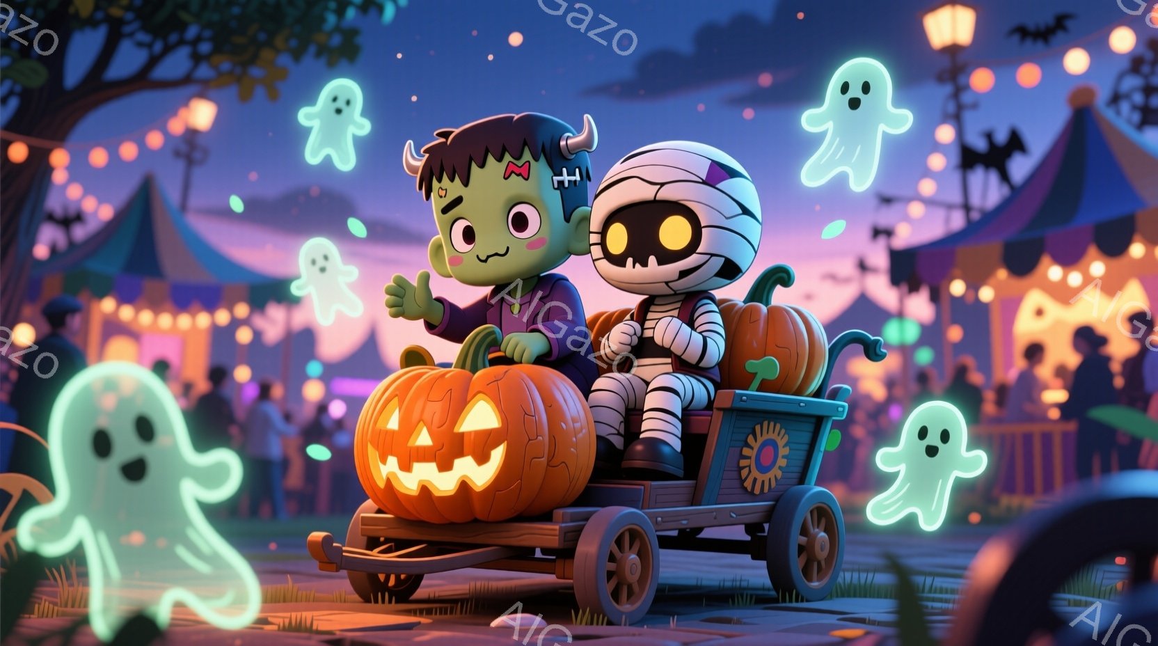 ハロウィーンの夜を舞台に、フランケンシュタインとミイラのキャラクターが、大きなジャック・オー・ランタンでいっぱいのワゴンに乗っています。フランケンシュタインは緑色の肌、ボルト付きの首、明るい笑顔で、片 - AI生成フリー素材