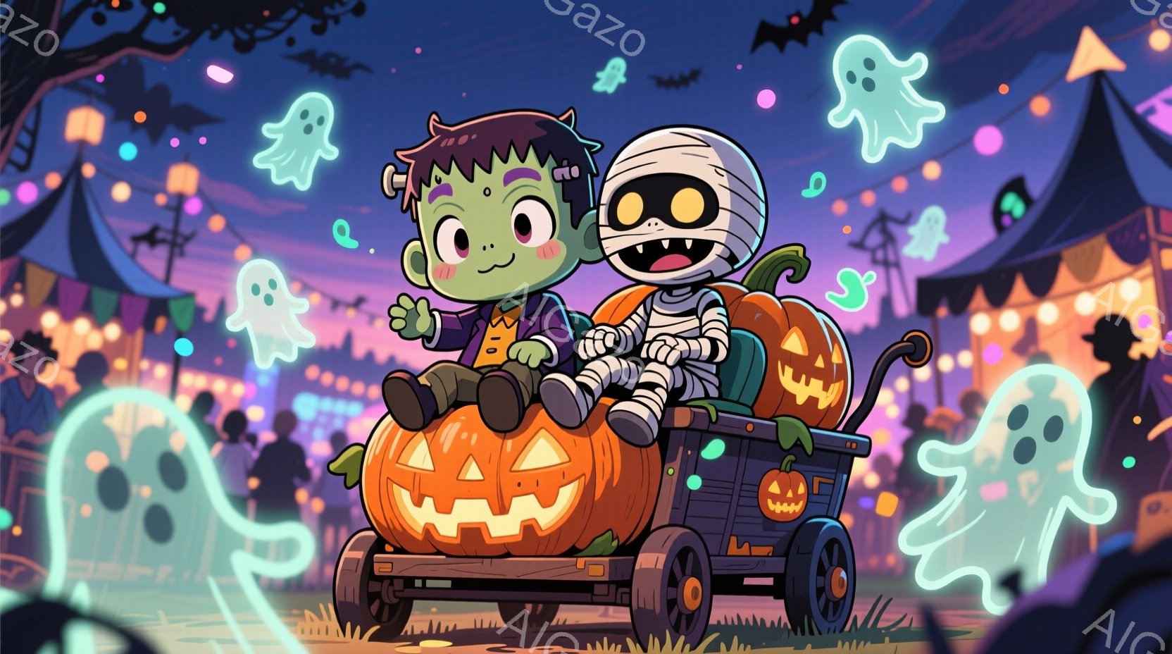 ハロウィーンをテーマにしたイラストで、カボチャで作られたワゴンに乗ったフランケンシュタインのモンスターとミイラの子供が描かれています。フランケンシュタインは緑色の肌に黒髪、ミイラは包帯で体を覆い、それぞれ笑顔で楽しそうにワゴンに乗っています。背景には、ハロウィーンの飾り付けがされた建物、幽霊、コウモリなどが描かれ、お祭りのような賑やかな雰囲気です。