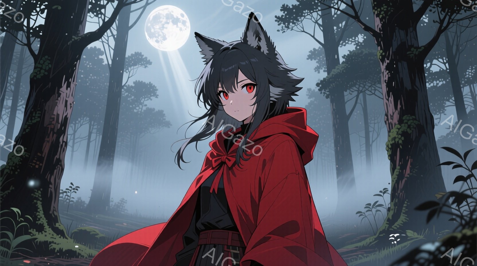 深い森の中に立つ少女は、赤いフード付きのケープを羽織り、黒い服を着ています。彼女は長く黒い髪を持ち、前髪が顔にかかっています。背景には高い木々が生い茂り、月明かりが差し込み、幻想的な雰囲気を醸し出して - AI生成フリー素材