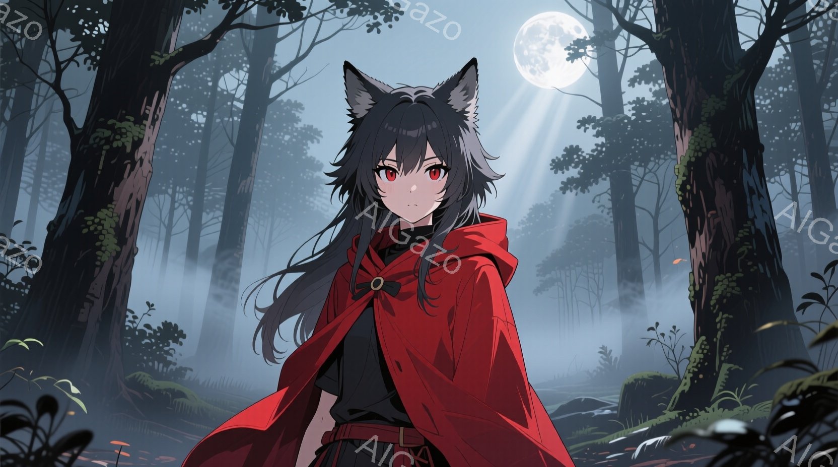 長い黒髪に赤いフード付きのケープを羽織った少女が描かれています。彼女は鋭い眼差しで正面を見つめ、わずかに口角を上げています。背景は暗い森で、月光が木々の間から差し込み、幻想的な雰囲気を醸し出しています - AI生成フリー素材