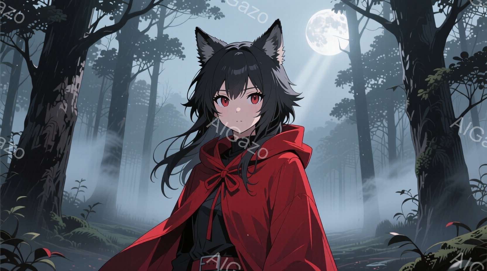 長い黒髪に赤いリボンで結ばれた少女が、赤いフード付きのケープを羽織って立っている。彼女は鋭い眼差しでこちらを見つめ、少し不機嫌そうな表情をしている。背景は霧に包まれた森で、月明かりが木々の間から差し込 - AI生成フリー素材