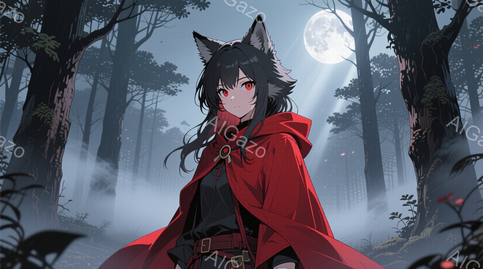 深い森の中に立つ少女が描かれています。彼女は黒髪で、赤いフード付きのマントを羽織り、黒い服を着ています。月明かりが木々の間から差し込み、霧が立ち込める森の神秘的な雰囲気を強調しています。