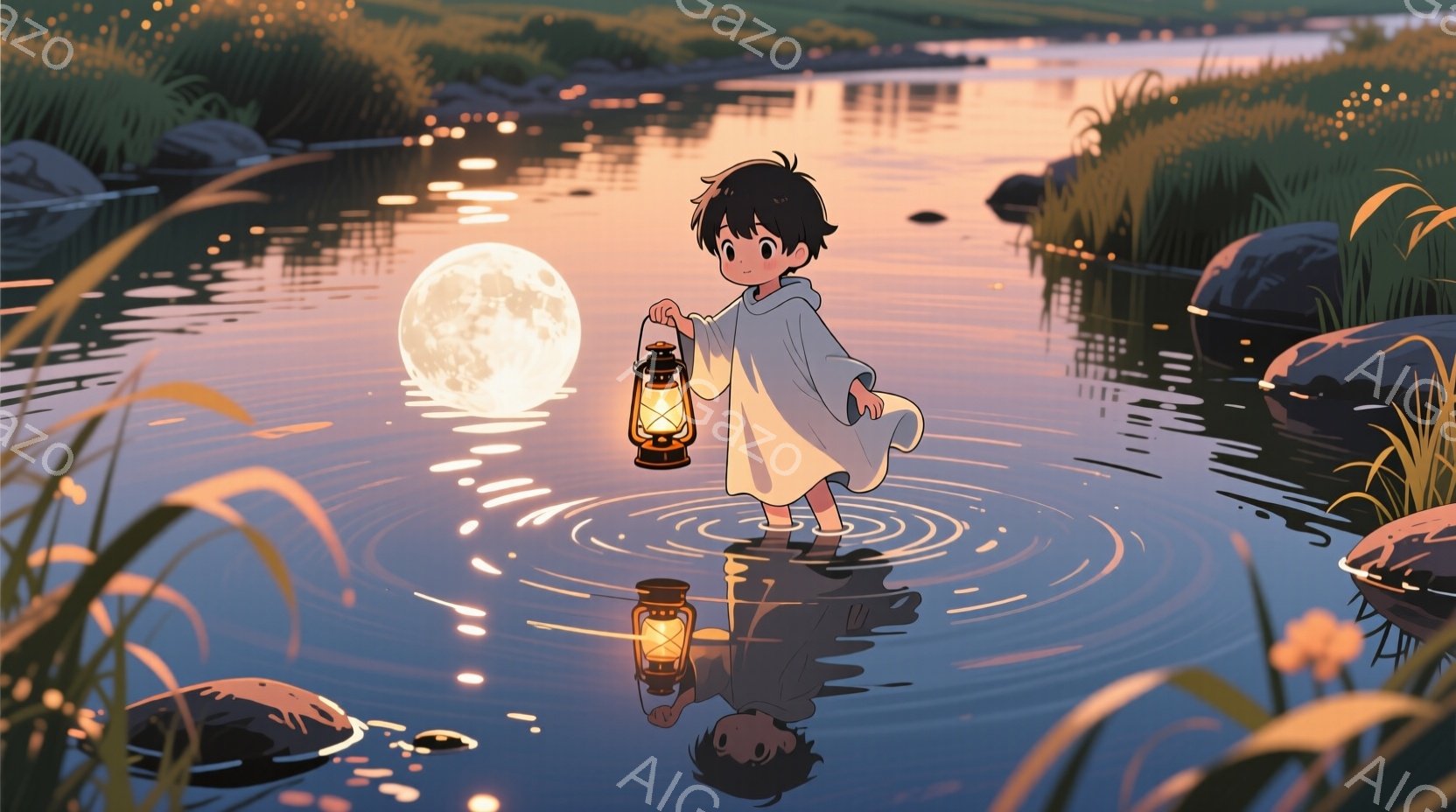 暗い水面に少年が立っており、片手にランタンを持って足元を照らしています。彼は白いローブのような服を着ており、黒いカールした髪をしています。背景には穏やかな水面、草が生い茂る岸辺、そして大きく輝く満月が - AI生成フリー素材