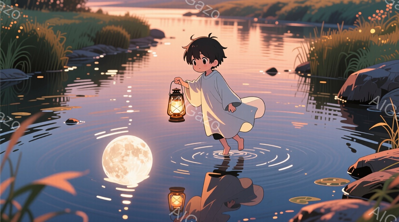 少年は水面を浅く歩き、手にランタンを持っている。彼の服装は白いシャツとズボンで、黒い髪は短く、表情は穏やかでどこか神秘的だ。背景には水面に反射する月と、草が生い茂る岸辺があり、全体的に幻想的で静かな雰囲気が漂っている。