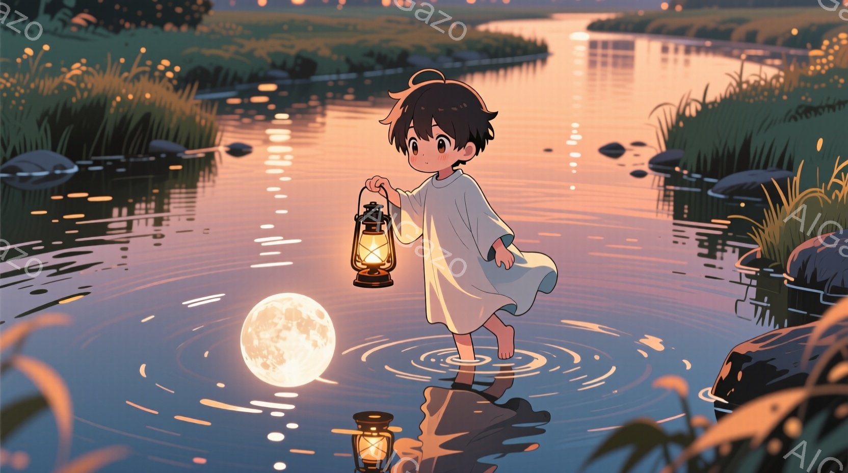 小さな少年が水の中に立っており、片手にランタンを持っています。少年は白いワンピースのような服を着ており、短くダークブラウンの髪をしています。背景には穏やかな水面、岩、そして夕焼け空に浮かぶ大きな満月が - AI生成フリー素材