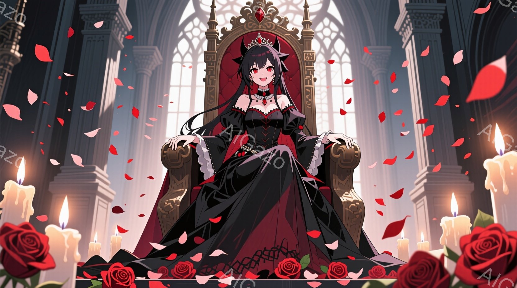 深紅のバラと燃える蝋燭に囲まれた玉座に、黒いドレスと赤いアクセサリーを身につけた女性が座っている。彼女は長い黒髪を後ろでまとめ、冷たい視線で正面を見据えている。背景はゴシック様式の建築物で、荘厳でありながらもどこか退廃的な雰囲気が漂っている。