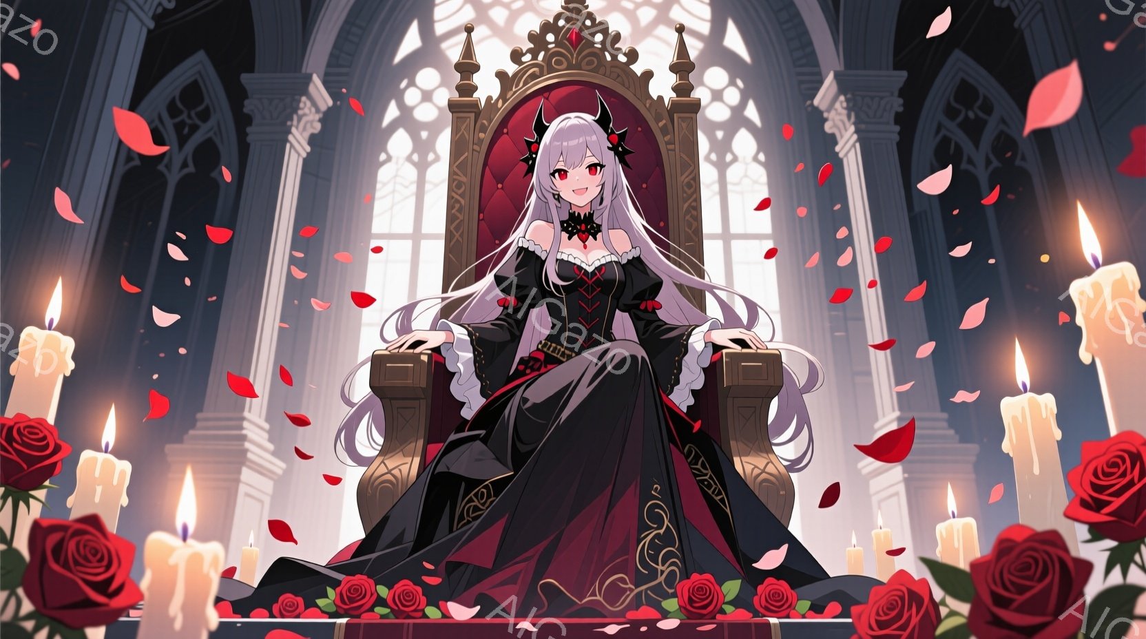 長い銀髪をなびかせ、黒いドレスを身につけた女性が、華やかな椅子に座っている。ドレスは赤色の装飾が施され、ゴシック調で優雅さを醸し出している。背景には高い窓が並び、赤いバラとキャンドルが散りばめられ、荘厳でありながらもロマンチックな雰囲気を演出している。