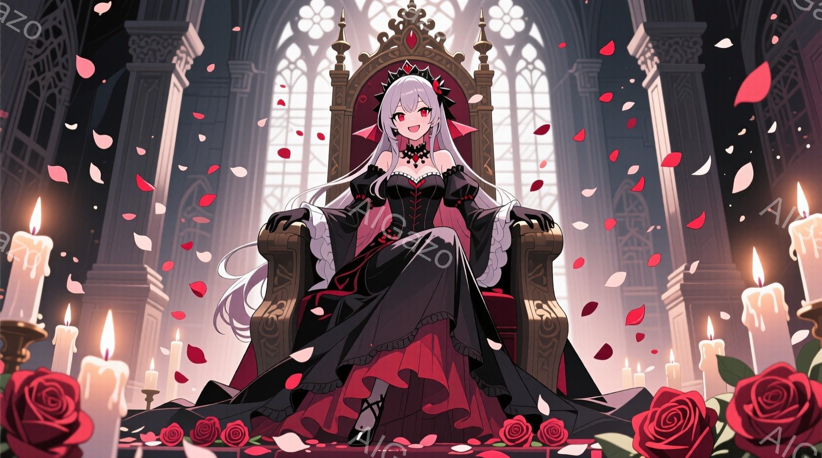 長い白髪をなびかせ、黒いドレスと赤いアクセントが印象的な女性が、豪華な椅子に座っています。彼女は自信に満ちた微笑みを浮かべ、赤いバラの花びらが舞う中で、優雅な姿勢を保っています。背景にはステンドグラス - AI生成フリー素材