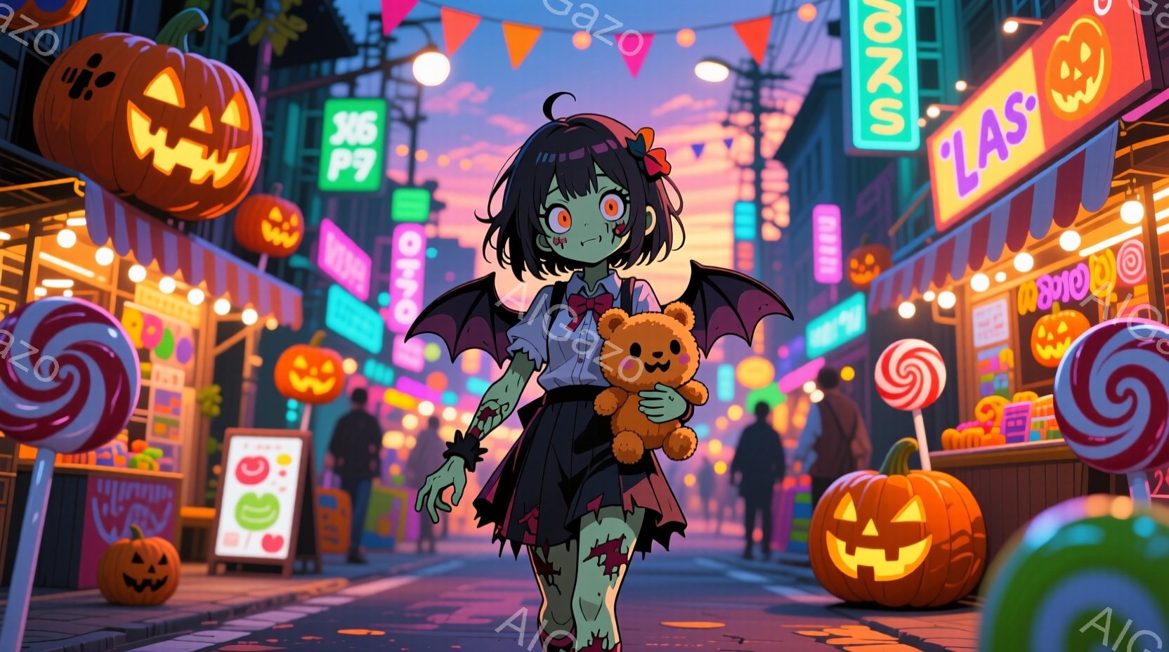 ハロウィーンの装飾がされた賑やかな通りに立つ、ゾンビ風の女の子を描いています。彼女は黒いフリルのドレスに赤いリボン、そして足元は破れたタイツと足跡が描かれています。背景には、かぼちゃのランタンやキャンディーのディスプレイ、そして活気ある商店が並び、どこかお祭り騒ぎのような雰囲気が漂っています。