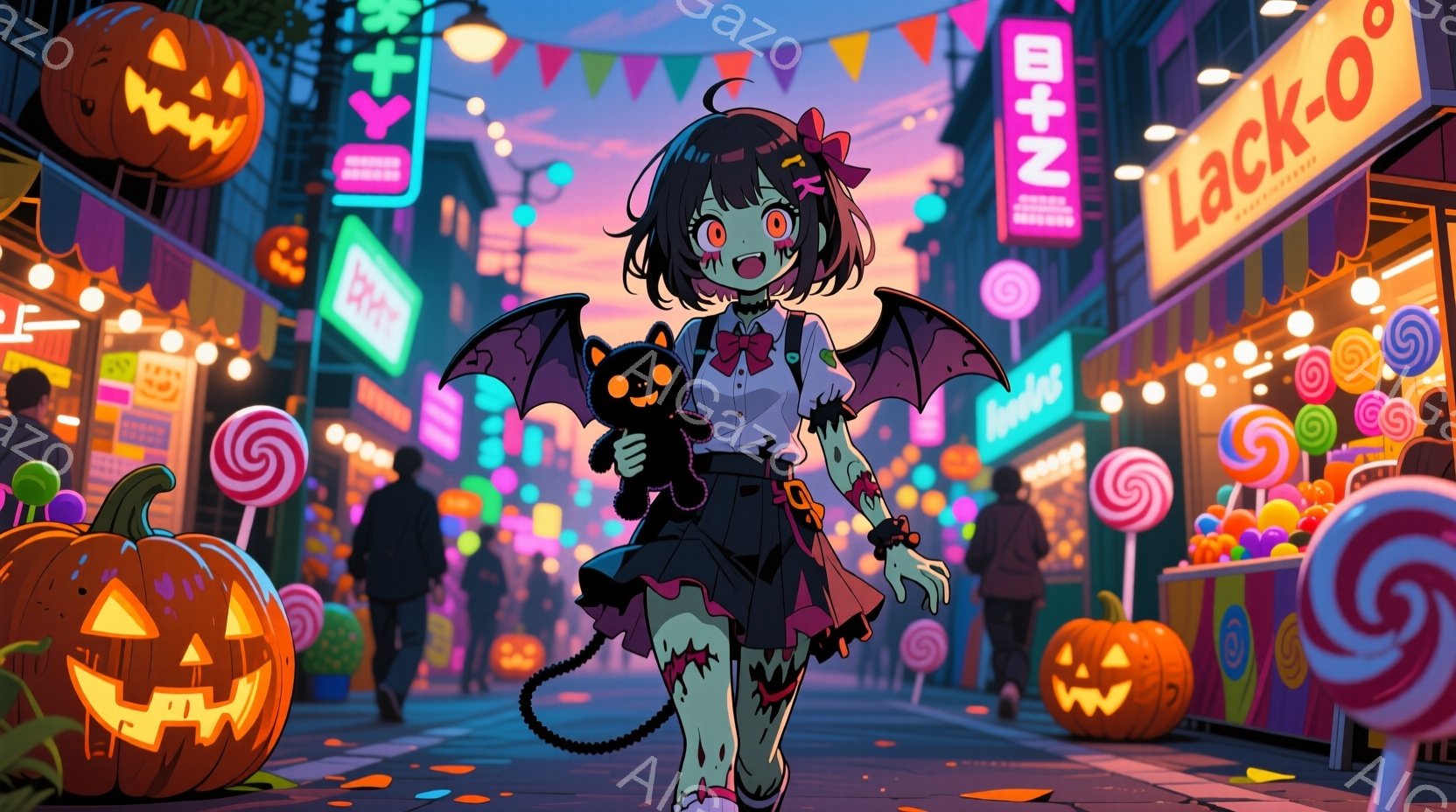 ハロウィンの夜の賑やかな通りで、ゾンビ風の衣装を着た少女が描かれています。彼女は黒いリボンとコウモリの羽が付いたワンピースを着ており、片手に黒猫の人形を持っています。背景には、カラフルなハロウィンの装 - AI生成フリー素材