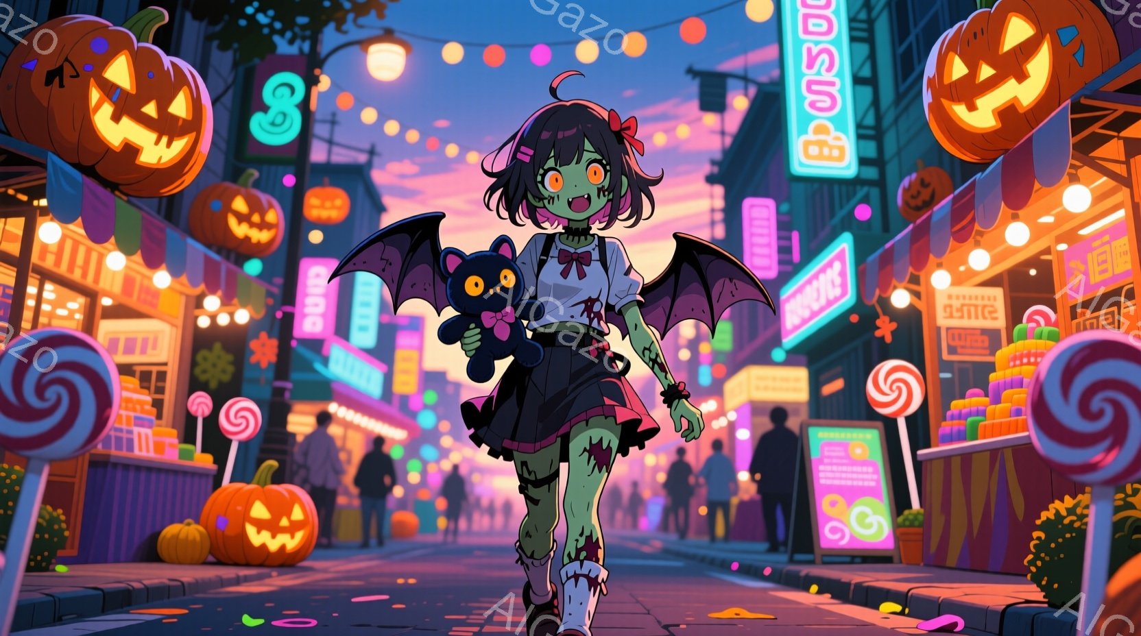 明るいハロウィンの夜祭りの通りに、ゾンビ風の少女が立っている。彼女は緑色の肌、赤い目、黒いリボンで結んだ二つ編みの髪をしており、破れた黒いドレスと、網柄のストッキングを履いている。背景には、カラフルな - AI生成フリー素材