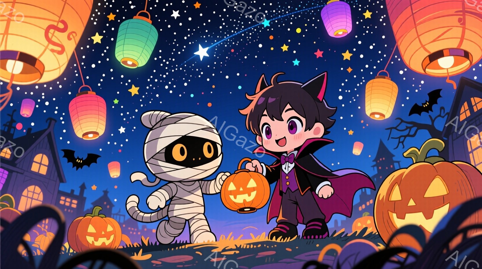 ハロウィーンの夜、ミイラと吸血鬼の子供たちが楽しそうにカボチャのランタンを持って歩いています。 吸血鬼の子供は黒髪で、赤いマントとベストを着て、少し自信のある笑顔を浮かべています。背景には、可愛らしい - AI生成フリー素材