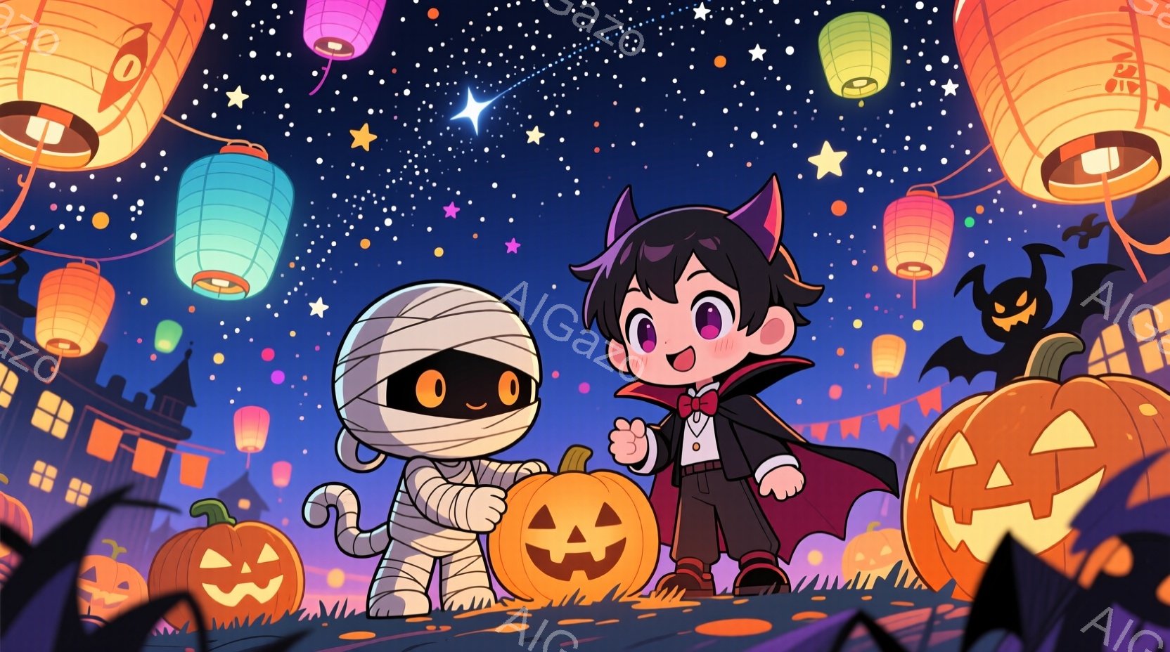 ハロウィンの夜を舞台に、ミイラと吸血鬼の姿をした二人の子供が、笑顔で大きなジャック・オ・ランタンの前に立っている。背景には、シルエットの建物、コウモリ、そしてカラフルな提灯が散りばめられており、お祭り - AI生成フリー素材