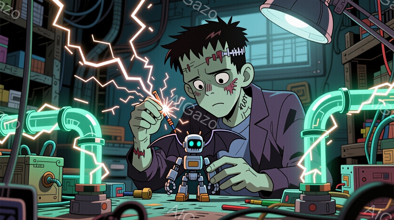 フランクenstein風の男性が、青いロボットに配線を繋ぐ作業をしている。彼は紫色のシャツと黒い髪、顔には縫い目の跡があり、真剣な表情で集中している。背景には複雑なパイプや機械、そして点滅する電気系統 - AI生成フリー素材