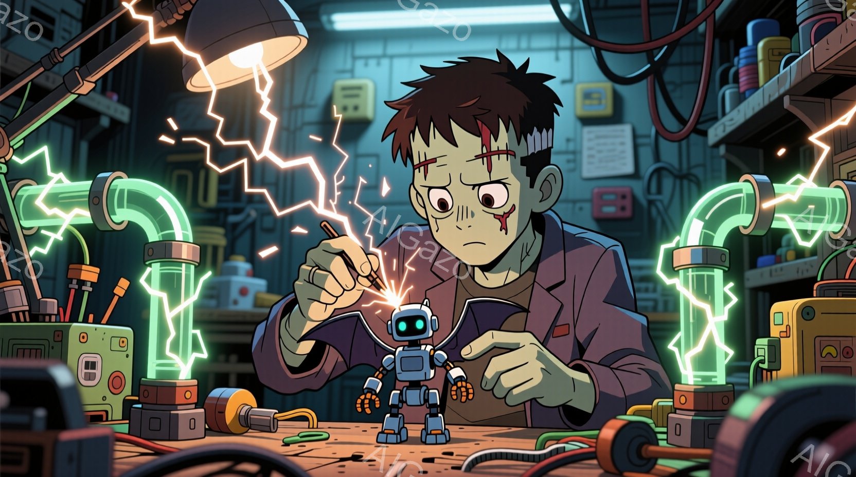 緑色の肌をした少年が、実験台で小さなロボットを修理しています。彼は茶色の髪で、少し困ったような表情を浮かべており、赤いオーバーオールを着ています。背景には複雑な機械装置や配線が散りばめられており、全体的に実験室のような雰囲気で、稲妻が飛び交う様子から、科学実験が行われていることがわかります。