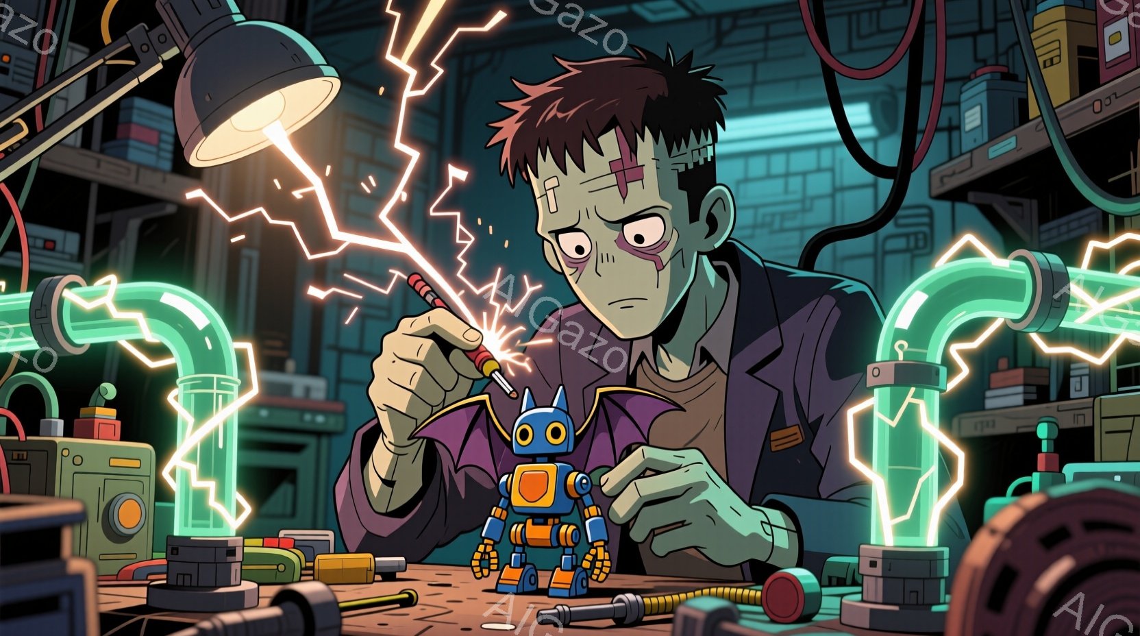 フランケンシュタインのような外見の男性が小さなロボットを修理している様子を描いています。彼は薄緑色の肌、暗い髪、そして集中した表情をしており、作業着を着ています。背景には複雑な配管や電気機器が配置され、青い発光が全体を照らし、実験室のような雰囲気を作り出しています。