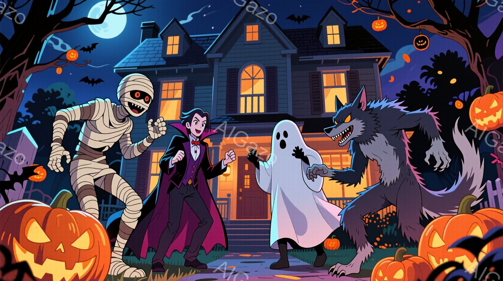 不気味な夜のハロウィーンを舞台に、ミイラ、吸血鬼、幽霊、狼男が描かれている。吸血鬼は赤いジャケットと黒いズボンを身につけ、笑顔で両手を広げ、幽霊と楽しそうに交流している。背景には、窓から光が漏れる不気 - AI生成フリー素材