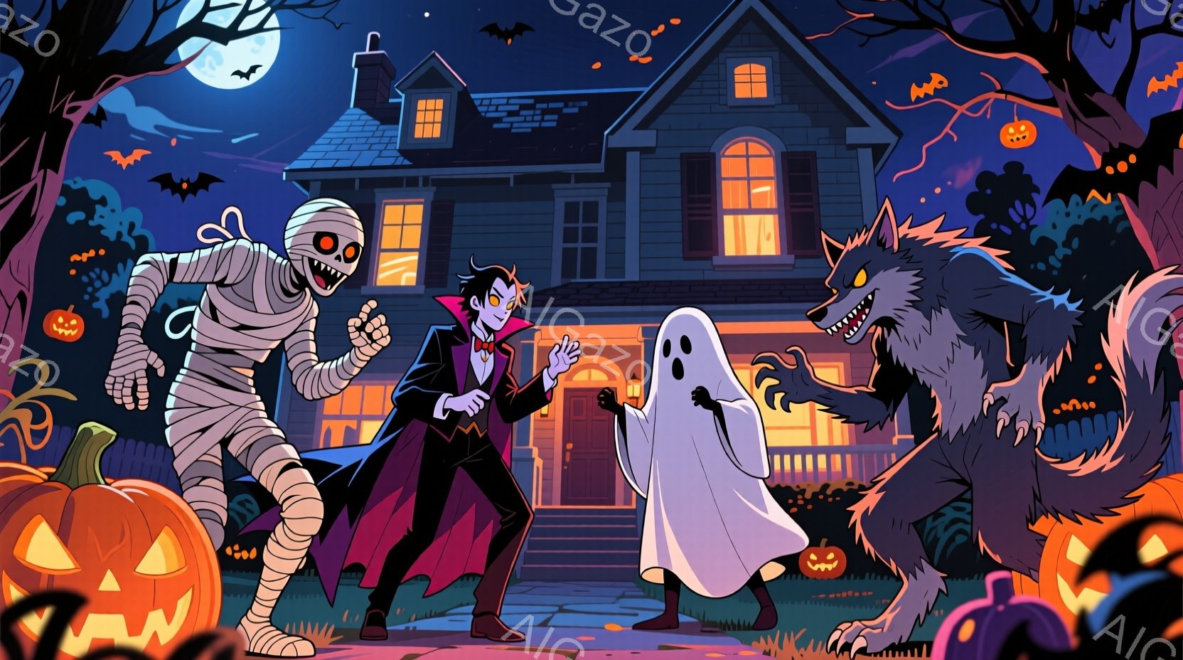 満月の夜に、ミイラ、吸血鬼、幽霊、狼男が不気味な家の前に集まっている。吸血鬼は黒いスーツに赤いマントを羽織り、片手を挙げておどけた表情をしている。背景には、オレンジ色に光るカボチャや、黒いシルエットの - AI生成フリー素材